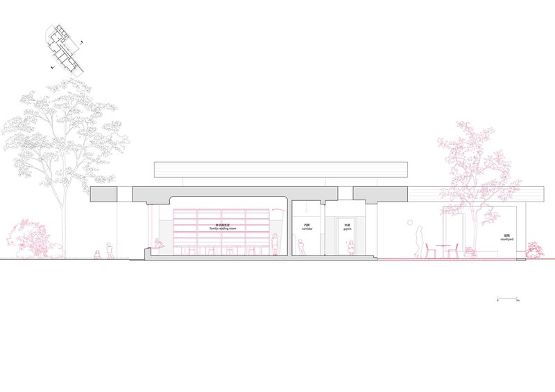 Sectional elevation drawing revealing flat roof volumes with flanking trees on either side