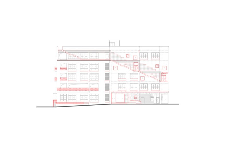 Elevation drawing showing the facade with repetitive window grid and sloped roofline additions