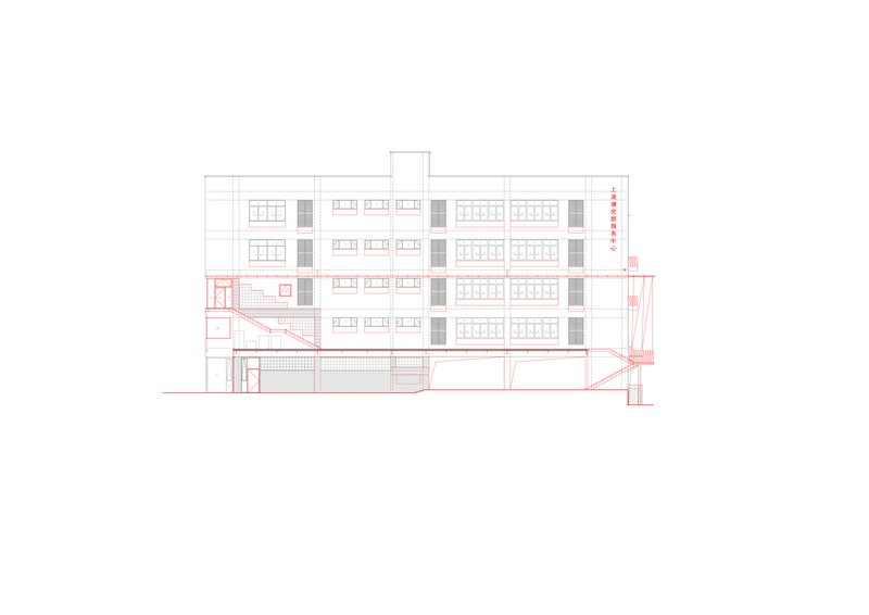 Section drawing showing interior levels, structural elements, and the diagonal stair connecting floors