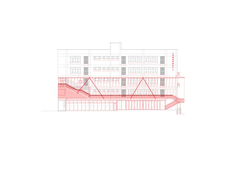 Elevation drawing showing a multi-story facade with red intervention overlays on lower levels
