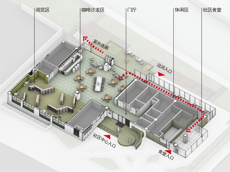 Axonometric drawing of ground floor layout showing courtyards and circulation paths with labeled zones