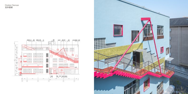 Elevation drawing showing the exterior staircase geometry overlaid in pink on a multi-story building section