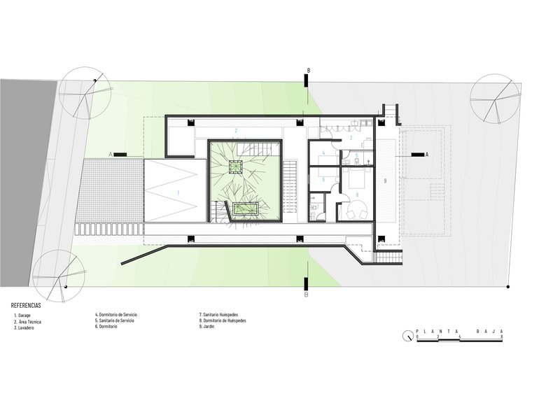 Floor plan drawing showing central stair void with surrounding rooms and outdoor terraces