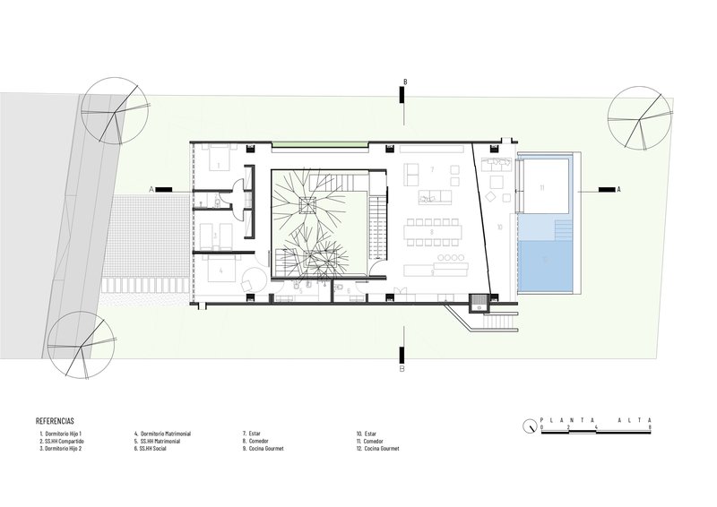 Floor plan drawing showing a central courtyard with spiral stair, dining area, and pool on the right