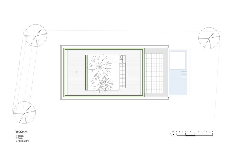 Roof plan drawing depicting a rectangular structure with central courtyard surrounded by perimeter walls and tree canopies