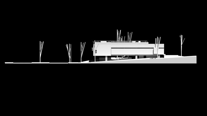 Physical model photograph of a horizontal volume on pilotis with palm trees against a black background