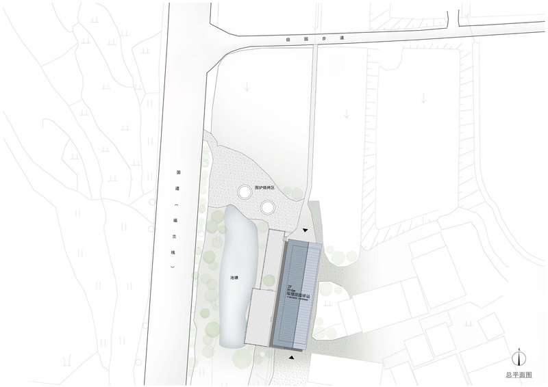 Site plan drawing showing building footprint with surrounding landscape contours and adjacent structures