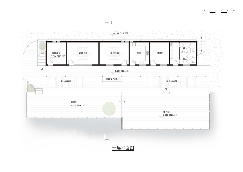 Second floor plan drawing showing linear arrangement of interior rooms with two exterior courtyard spaces
