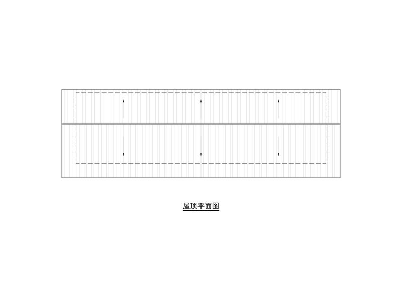 Roof plan drawing showing rectangular volume with vertical slat pattern and corner openings