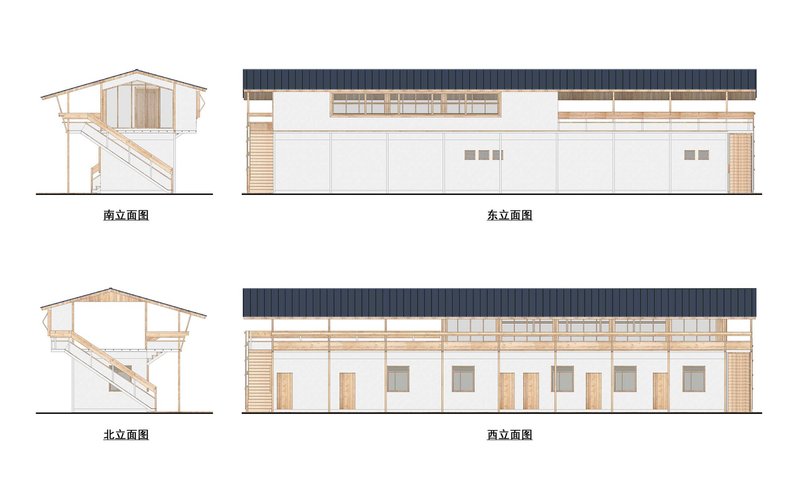 Elevation and section drawings showing gabled tower with exterior stair and horizontal slatted facade bands