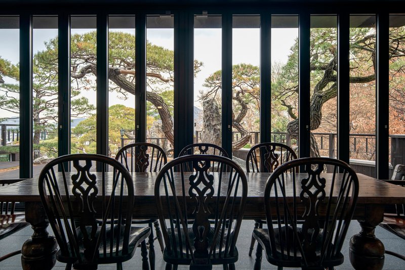 View through vertical black window mullions to pine branches and hillside beyond the dining table
