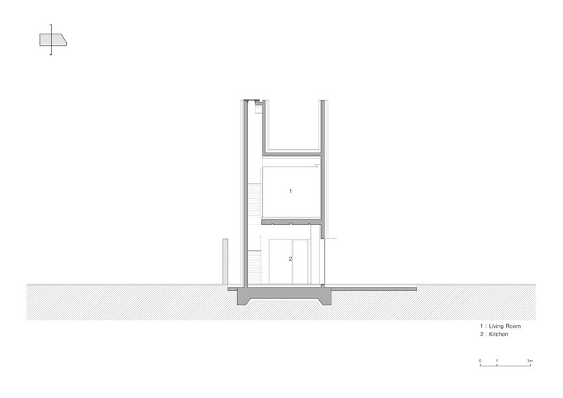 Section drawing showing a narrow two-story structure with living room and kitchen spaces