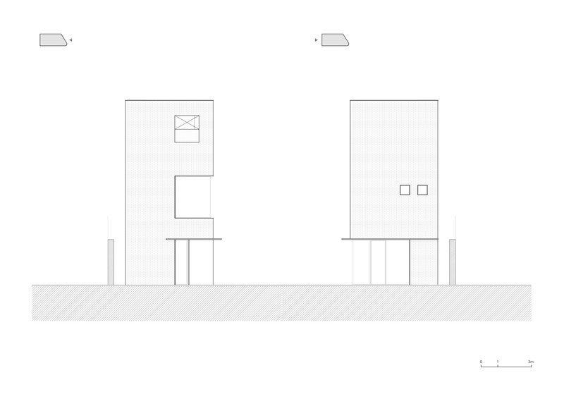 Elevation drawing of two adjacent volumes on pilotis with recessed and punched openings