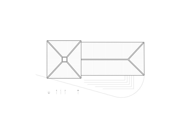Roof plan drawing showing two volumes with pyramidal and gabled roofs connected by stepped terracing
