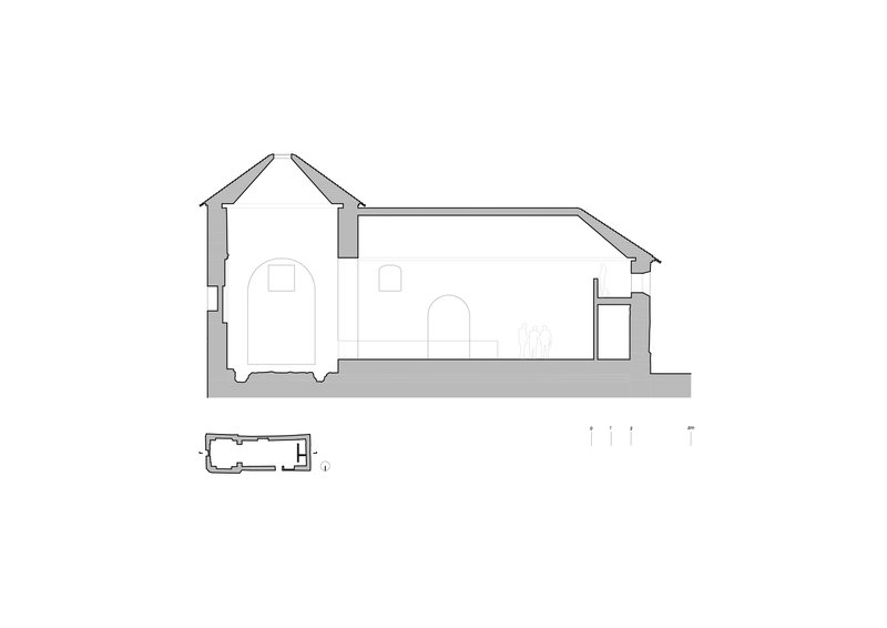Section drawing revealing the interior spatial relationships between the pitched roof volumes and arched openings