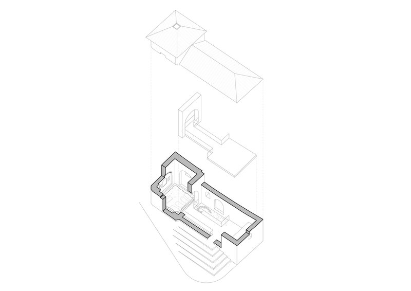 Axonometric drawing illustrating the layered roof forms above the interior layout with stepped exterior approach