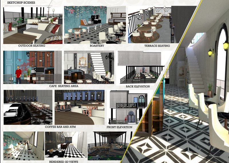 A collection of spatial studies showcasing outdoor terraces, roastery spaces, café seating, and community-focused gathering areas.