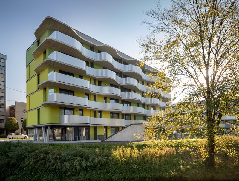 Curved white balconies wrap the yellow and green facade beside a tree in golden autumn light