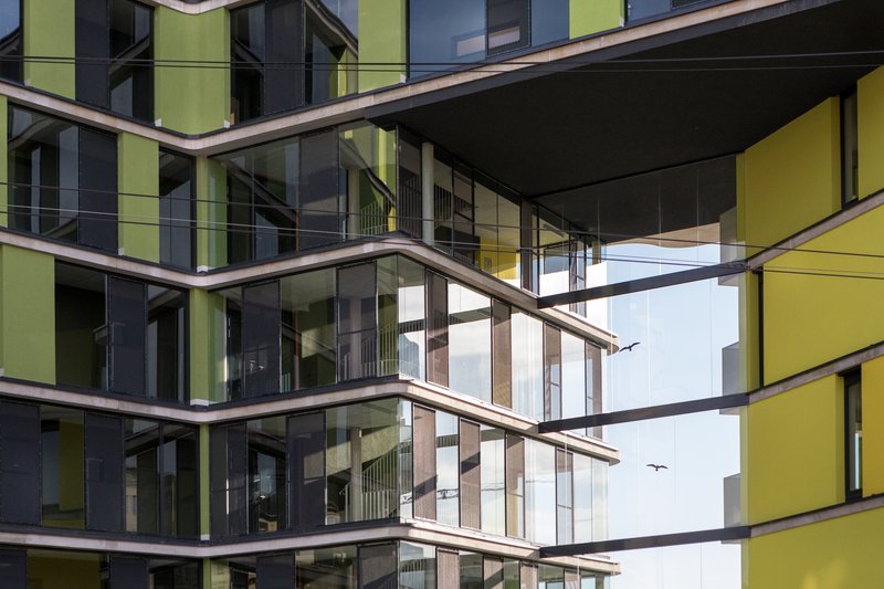 Corner facade with glass balconies framed by yellow and grey panels with birds flying overhead