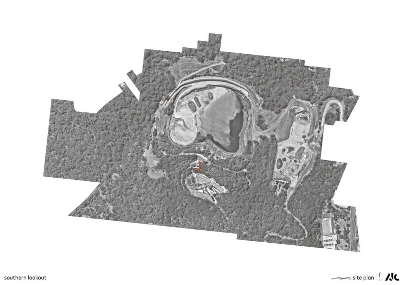 Site plan drawing showing the lookout structure nestled within curved bushland paths and water bodies