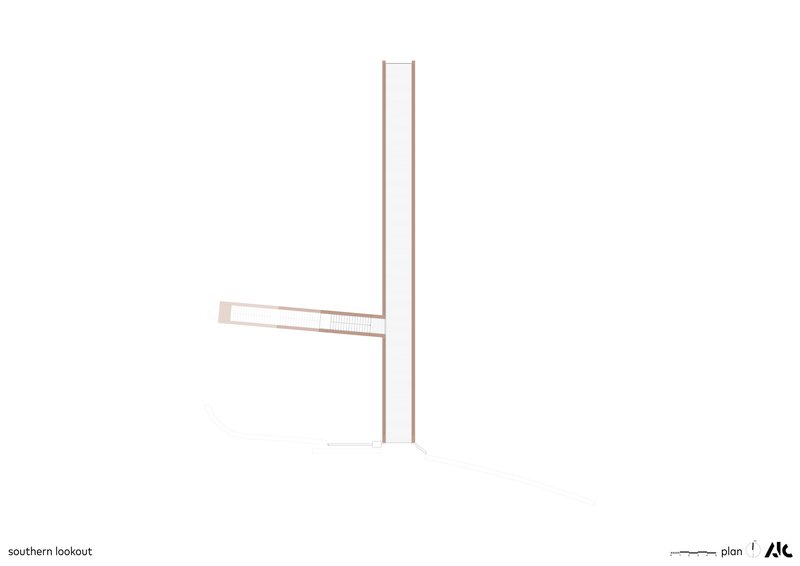 Elevation drawing showing the tall vertical tower connected to a horizontal cantilevered walkway element