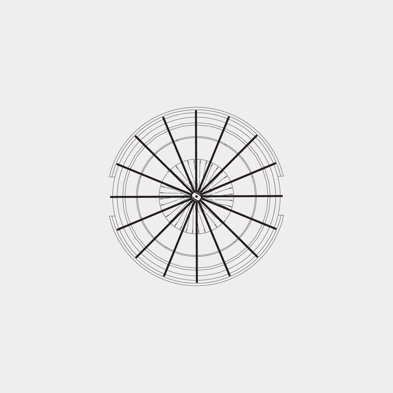Floor plan drawing depicting a circular structure with radial beams extending from a central core