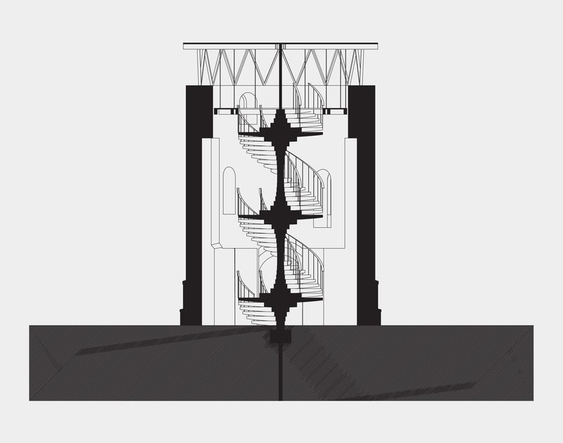 Section drawing showing a triple-helix staircase within a glazed volume topped by zigzag trusses