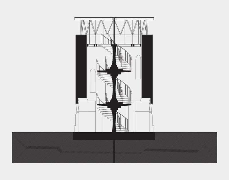 Section drawing revealing a spiral staircase rising through three levels beneath a trussed roof
