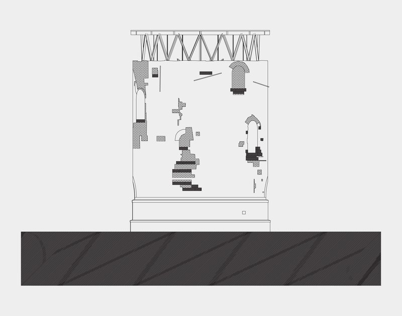 Section drawing illustrating staggered interior elements suspended within a transparent enclosure with structural trusses above