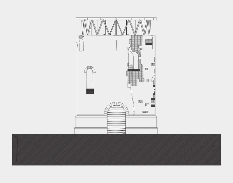 Section drawing revealing an arched staircase entrance and interior spatial configuration with suspended elements