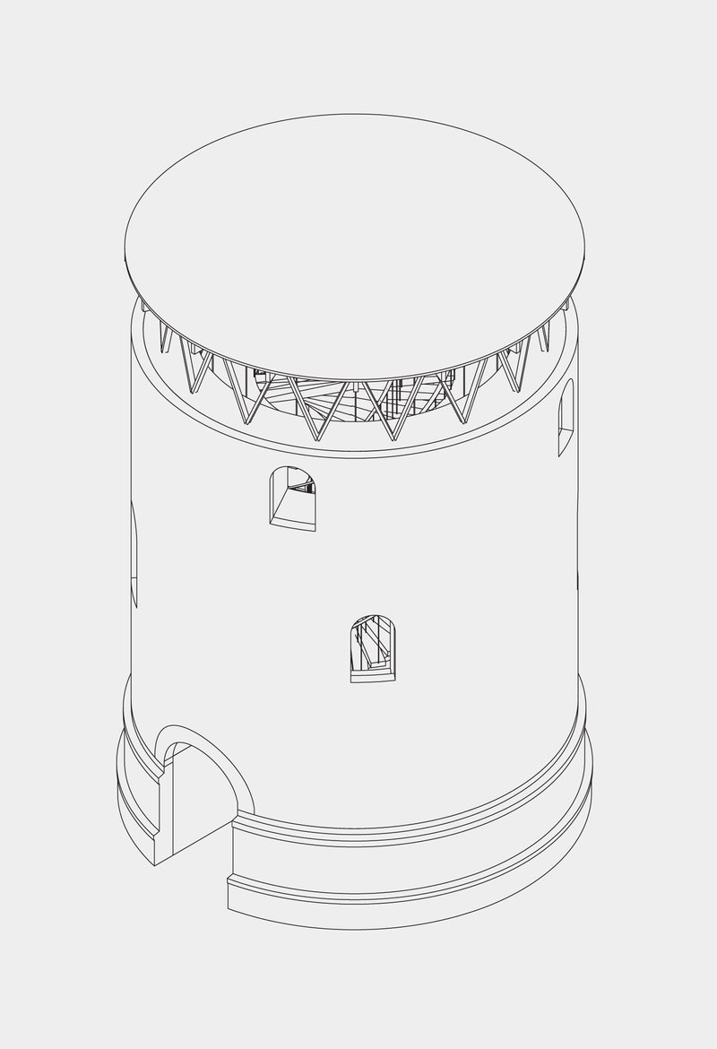 Axonometric drawing of a cylindrical tower with a flat circular roof and arched entrance below