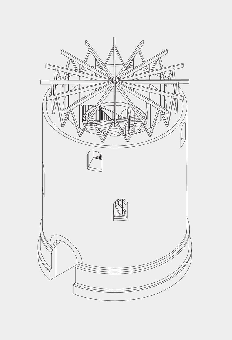 Axonometric drawing showing the exposed radial roof structure with triangulated timber trusses meeting at center