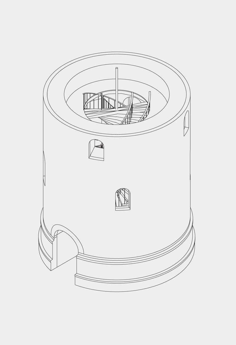 Axonometric cutaway drawing revealing a spiral staircase within the cylindrical tower and roof framing above