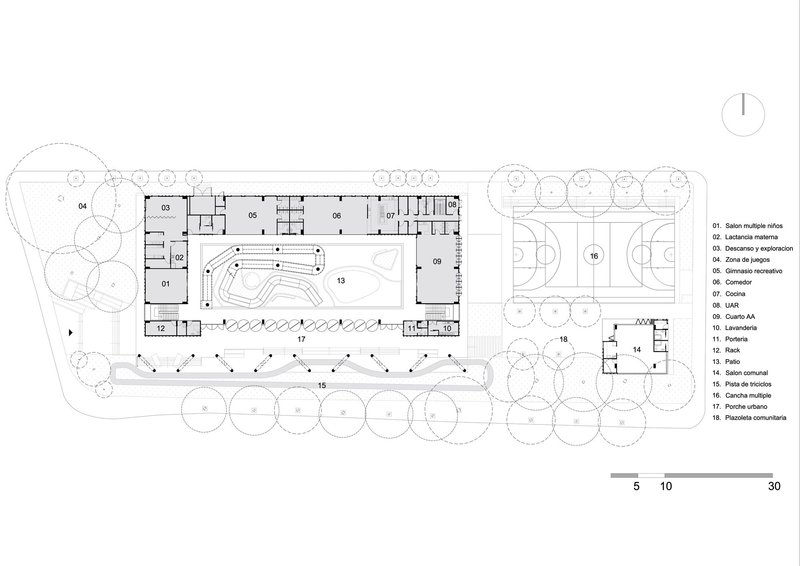 Ground floor plan showing U-shaped building with central courtyard, sports courts, and tree canopy circles