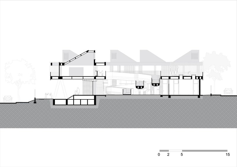 Section drawing depicting multiple levels with cascading terraces and four sculptural shell-like roof forms