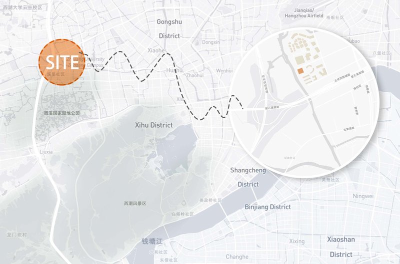 Site map showing a curved dashed connection between two circled areas across district boundaries
