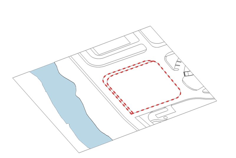 Axonometric site diagram with a waterway in blue and a dashed red building footprint