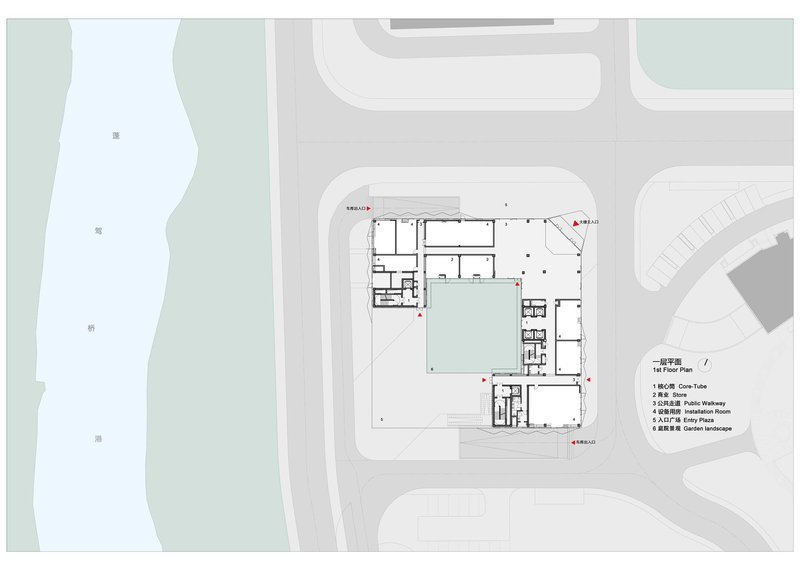 Site plan drawing showing the building footprint with central courtyard adjacent to a river and surrounding streets