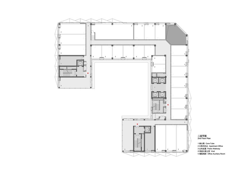 Second floor plan drawing showing irregular L-shaped layout with central courtyard and perimeter offices