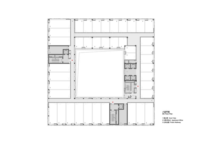 Eighth floor plan drawing showing rectilinear layout with central void and office spaces around the perimeter