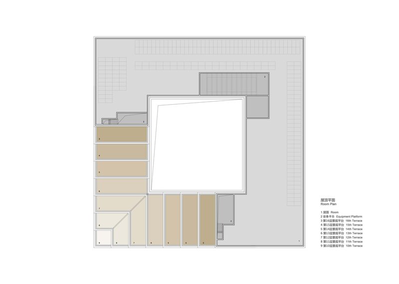 Floor plan drawing showing a square courtyard surrounded by linear volumes with terrace spaces