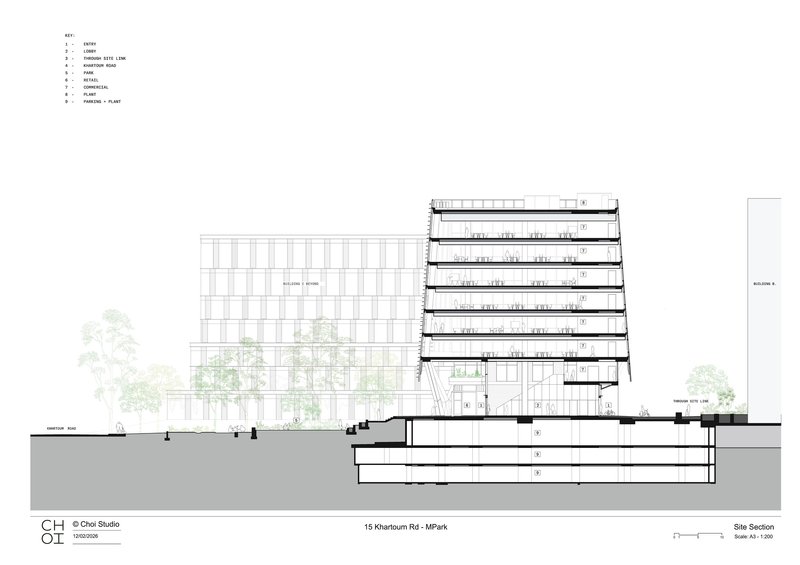 Section drawing showing basement parking levels below a tower with horizontal sun shading and green setbacks