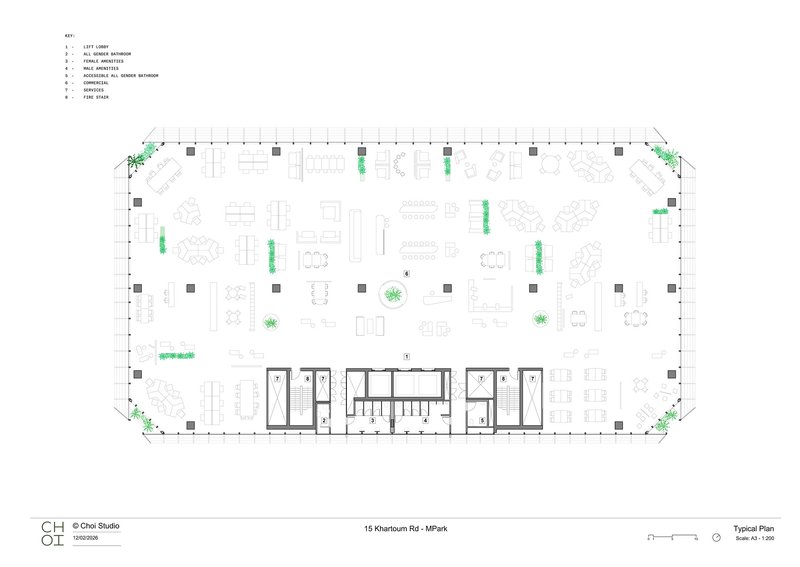 Typical floor plan with open office layout, central service core, structural columns and corner planters