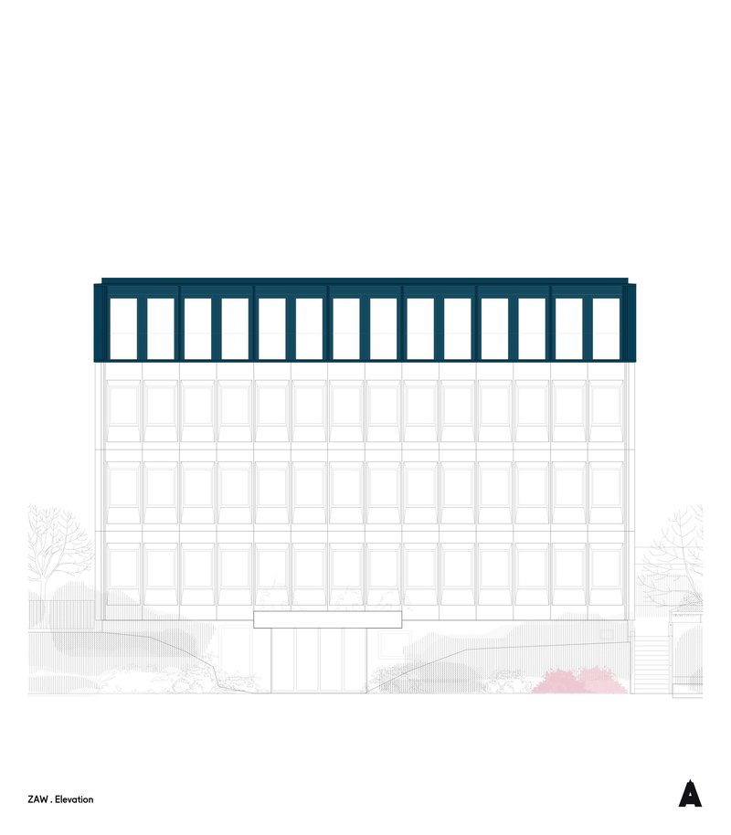 Elevation drawing showing four-storey glazed facade with dark horizontal band at roofline