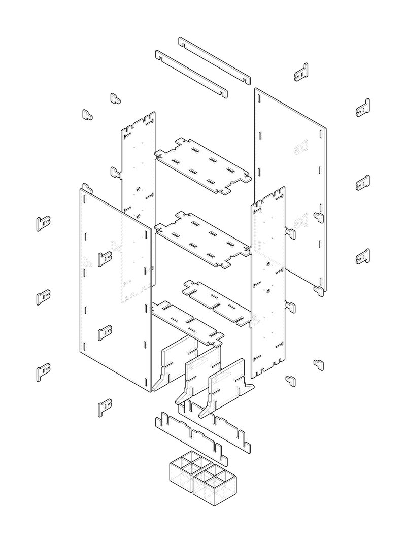 Exploded axonometric drawing showing vertical panels, horizontal shelves, and interlocking base components
