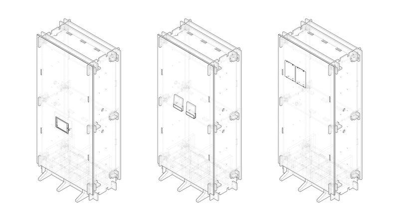 Isometric drawing showing three panel configurations with varying window placements and support feet