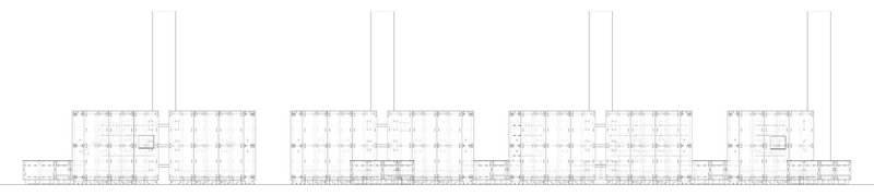 Elevation drawing showing four connected pavilion volumes with tall vertical towers and lower flanking wings