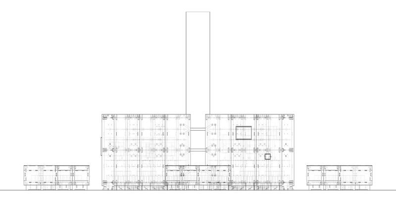Elevation drawing depicting symmetrical building blocks with a central tower and smaller side structures