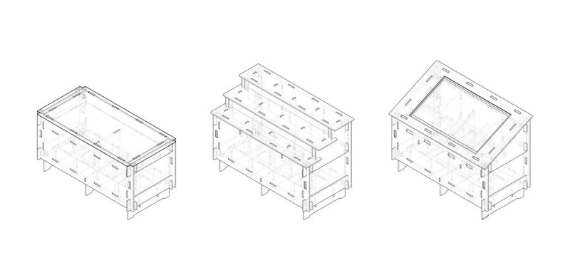 Isometric drawing showing three variations of rectangular timber-framed modules with different roof configurations