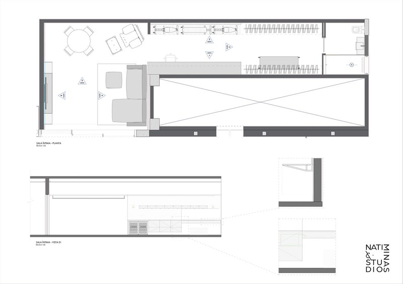 Ground floor plan and elevation drawings showing open living areas with pool and storage volumes